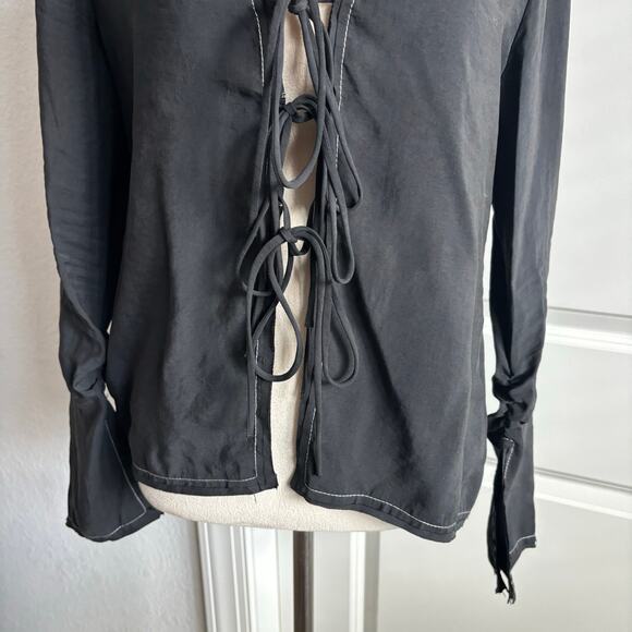 Zara Black Tie-Front Blouse Top Contrast White Stitching Bell Sleeve Y2K Small - Picture 4 of 12